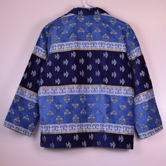 VINTAGE Sag Harbor Blue & Gold Tapestry Oversized Jacket Grandmacore - Size 10 - Picture 2 of 7